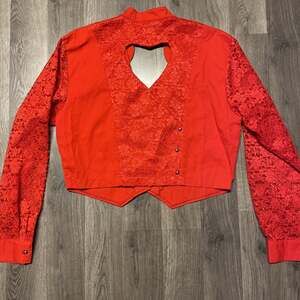 VTG Banjo Dallas Texas Red Heart Cutout Lace Crop Western Shirt L